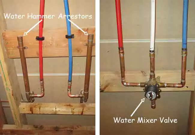 Pex Pipes attached to Copper Pipes and a mixer valve mounted at opposite end of Shower and Water Hammer Pipes
