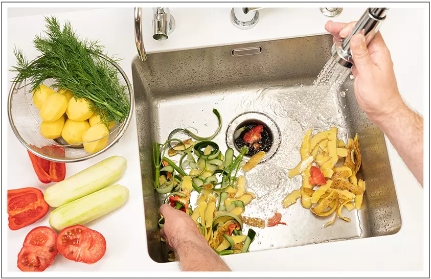 Kitchen Sink with vegetables going into the Disposal